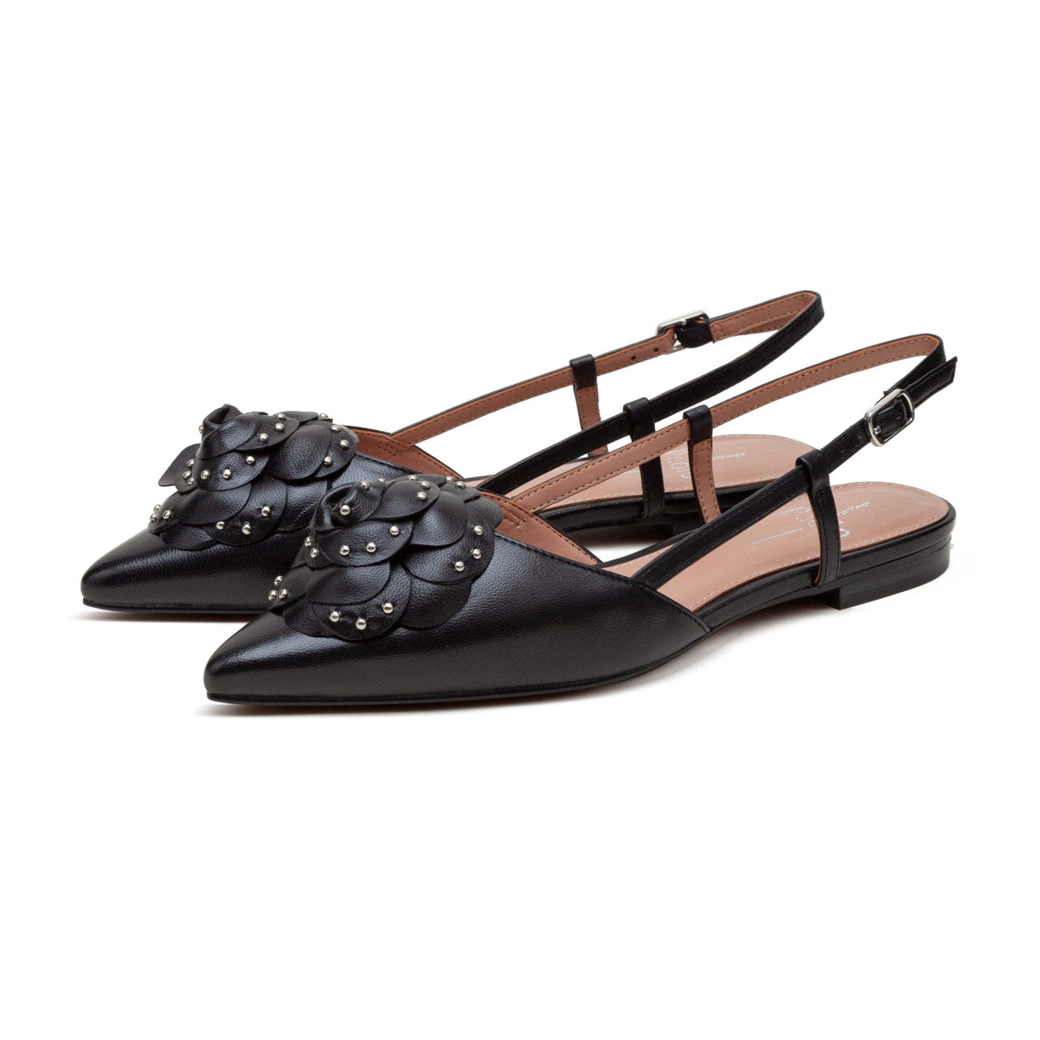[Kathleen + Vanda] ミニスクエアトゥ アンクレット フラット Grackle Black Leather Flats - Bared Footwear